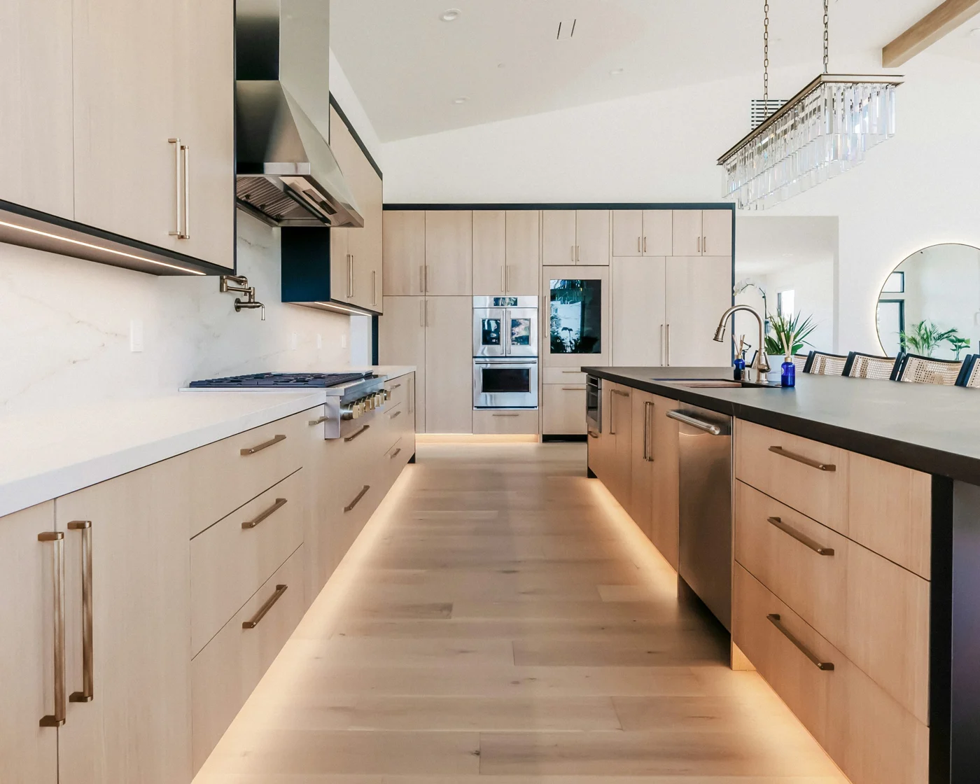 Illustrative stock photograph of a contemporary kitchen with light oak cabinetry